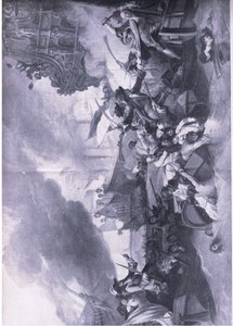 1692年5月23〜24日のラ・ホーグの戦い：フランス艦隊の破壊、イギリスと陸海の戦いのイラスト、1915 作： George the Elder Chambers