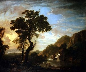 手前に人物、向こうに滝のある森の川の風景 作： George the Younger Barret