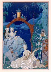 青い月の下のボール、1928年に出版されたポール・ヴェルレーヌ（1844-96）による「Fetes Galantes」のイラスト（pochoir print）