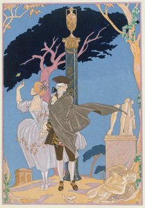 ブロークン ハーツ、ブロークン スタチューズ、1928 年に出版された Paul Verlaine (1844-96) 作「Fetes Galantes」のイラスト (pochoir print) 作： Georges (after) Barbier