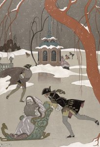 凍った湖でのアイススケート、1928年に出版されたポール・ヴェルレーヌ（1844-96）による「Fetes Galantes」のイラスト（ポチョワールプリント） 作： Georges (after) Barbier