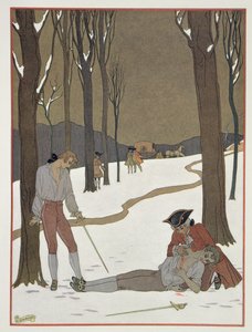 ヴァルモンとダンセニーの決闘、1920年代に出版されたピエール・チョドレルロス・デ・ラクロス（1741-1803）による「Les Liaisons Dangereuses」のイラスト（ポショワールプリント） 作： Georges (after) Barbier
