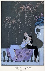 火、Paul Verlaine（1844-96）による「Fetes Galantes」のイラスト、1924年（ステンシルプリント） 作： Georges (after) Barbier