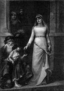 ブランシュ・ド・カスティーユ、フランス王妃（1188年～1252年）、「貧しき者の愛」の異名を持つ（1879年）。ジョルジュ・モロー・ド・トゥール（1848-1901）が描いた絵をもとにしたエングレーヴィング（7月9日付「The Illustrous World」1267号掲載 作： Georges (after) Moreau de Tours