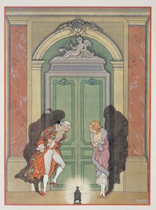 キャンドルライトのカップル、1920年代に出版されたピエール・チョドレルロス・デ・ラクロス（1741-1803）による「Les Liaisons Dangereuses」のイラスト（ポショワールプリント） 作： Georges Barbier