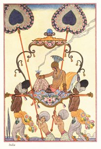 高貴な女性が駕籠で香を焚く、古代インド 1928年 (版画) 作： Georges Barbier