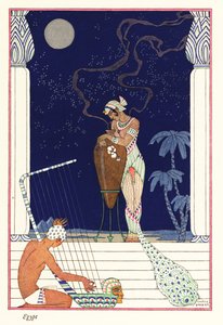 1928年古代エジプトの焼けた香りのする女王が立っている（版画） 作： Georges Barbier