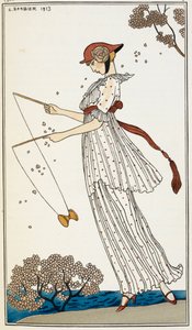 おもちゃで遊ぶプリントの白いリネンのドレスを着た女性 作： Georges Barbier