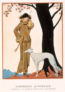 「ガゼット・ド・ボントン」No.9より ワース作 秋の交響曲 アフタヌーンコートとドレス 作： Georges Barbier