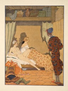 寝室のシーン、Pierre Choderlos de Laclos (1741-1803) pub による「Les Liaisons Dangereuses」のイラスト。 1934年（ステンシルプリント） 作： Georges Barbier