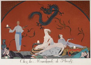 Chez la Marchande de Pasots。 部屋に横たわっている裸の人もいます。 中国の装飾。 作： Georges Barbier