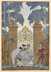 コロンバイン。 門の外に立つ人々。 ピエロ。 作： Georges Barbier