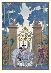 コロンバイン、ポール ヴェルレーヌ作「Fetes Galantes」のイラスト (1844-96) 1928 年 (ステンシル プリント) 作： Georges Barbier