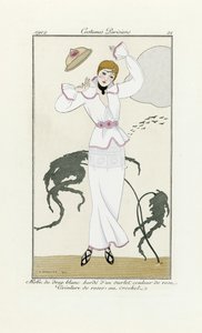 「パリの衣装」からのピンクのトリムとかぎ針編みのベルトが付いた白いドレスのデザイン、pub.1912（pochoir print）