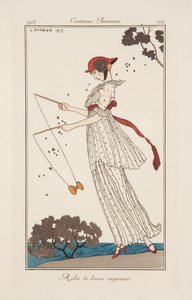 「Journal des Dames et des Modes」のイラストをプリントしたリネンのドレス 作： Georges Barbier