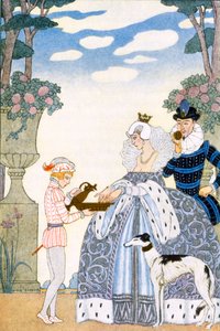 「The Art of Perfume」のパブ、エリザベス朝のイギリス。 1912年（ポチョワールプリント） 作： Georges Barbier