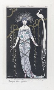 シルバーブロケードの大きなイブニングドレス。 青いかつら、エグレット、コスチューム パリジャン、pub.1914 (ステンシル プリント) から