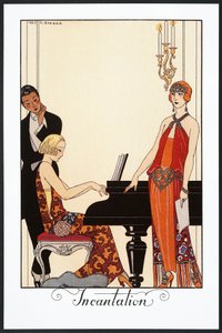 呪文、ピアニスト、イブニングドレスを着た女性、「ファルバラスとファンフルーシュ、1923年の年鑑」のイラスト