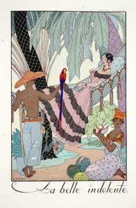 La Belle Indolente、「ファルバラとファンフルーシェ、現在、過去、未来のモードの年鑑」より 作： Georges Barbier