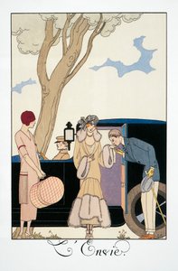 羨望、George Barbier (1882-1932) 著、Falbalas et Fanfreluches、Almanac 1925 より。フランス、20 世紀