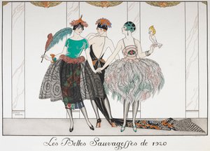 Les Belles Sauvagettes de 1920. エキゾチックなドレスを着た 3 人の女性が一列に並んでいます。 作： Georges Barbier