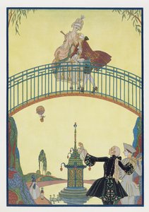 橋の上の愛、ポール・ヴェルレーヌ（1844-96）による「Fetes Galantes」のイラスト、1928年（ポチョワールプリント） 作： Georges Barbier