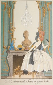 マドモアゼル・ソレルの華麗なクセ。 暖炉の前に立つ女性。 作： Georges Barbier