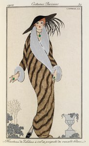 Manteau de Liberline à col et poignets de renard blanc. Costumes Parisiens no.30. Woman is wearing a stripy liberline coat with the collar and cuffs of white fox. She is also wearing a large black hat with feathers and a green stone necklace.   1407538   j 作： Georges Barbier