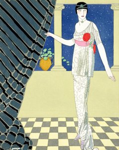 ゲストが到着していない、Redfern のドレスを着た女性のイラスト (pochoir プリント) 作： Georges Barbier