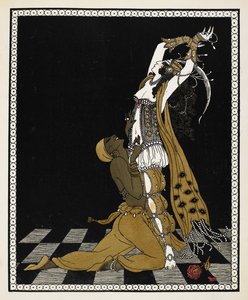 ニコライ・リムスキー=コルサコフが1888年に作曲した交響組曲、シェヘラザードの黄金の奴隷としてのニジンスキー。彼はアラビア風の衣装を着たシェヘラザードの前でひざまずいている。 作： Georges Barbier