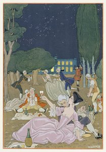 芝生の上、ポール・ヴェルレーヌ（1844-96）による「Fetes Galantes」のイラスト、1923年（ポチョワールプリント） 作： Georges Barbier