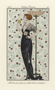 ブリリアントで縁取られた黒いサテンとチュールのイブニングドレス、コスチュームパリジャン、pub.1913（ステンシルプリント）から 作： Georges Barbier