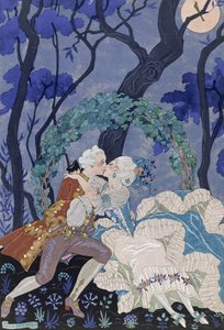 秘密のキス、ポール ヴェルレーヌ作「Fetes Galantes」のイラスト (1844-96) 1928 年 (ステンシル プリント) 作： Georges Barbier