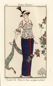 花柄のリネンブラウスとスカーフスカートの夏コーデ。 夏のトイレ、スカーフスカートの上に芝生のブラウス。 Tommaso Antongini の Journal des Dames et des Modes、Aux Burea の George Barbier によるイラストを手彩色した pochoir (ステンシル) エッチング 作： Georges Barbier