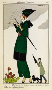 Tailleur de Ratine verte et velours noir. Gilet de taffetas fraise. 緑と黒のシルクで仕立てられた衣装を着て、ストロベリー シルクのチョッキを着た女性。 トレンチ コートを着た人、傘をさし、犬を背景に。 パリジャンの衣装。 作： Georges Barbier