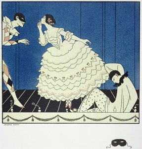 タマラ・カルサヴィナ (1885-1978) はコロンバイン役、ヴァスラフ・ニジンスキー (1890-1950) はハーレクイン役、アドルフ・ボルム (1884-1951) は 1910 年のフォーキンの「カーニバル」のピエロ役。 1914年（ポチョワールプリント） 作： Georges Barbier