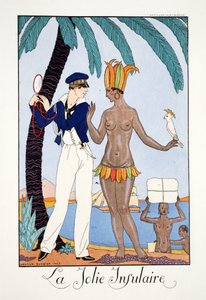 「ファルバラとファンフルーシェ、現在、過去、未来のモードの年鑑」より、プリティ・アイランダー 作： Georges Barbier