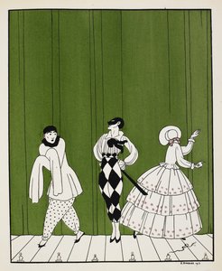 ロベルト・シューマンが作曲した 1910 年のバレエ「カーニバル」の 3 人の登場人物。 左はマイムアーティスト。 真ん中にいるのは、白いシャツに黒いネクタイ、チェックのズボン、マスクを着用した男性です。 右は後ろ向きの女性 作： Georges Barbier