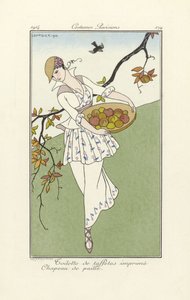 印刷されたタフタのトワレ、麦わら帽子、コスチューム パリジャン、pub.1914 (ステンシル プリント) から 作： Georges Barbier