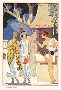 古代ギリシャの香水売り場で買い物をする 2 人の女性 (印刷) 1928 年 作： Georges Barbier