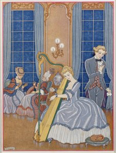 犠牲者を誘惑するヴァルモン、ピエール・チョドレルロス・デ・ラクロス（1741-1803）による「Les Liaisons Dangereuses」のイラスト（1929年）（ステンシルプリント） 作： Georges Barbier