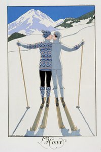 冬: 雪の中の恋人、「20 世紀フランス」のファッション プレート 作： Georges Barbier