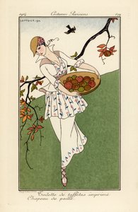 麦わら帽子とプリント タフタのドレスを着た女性。 作： Georges Barbier