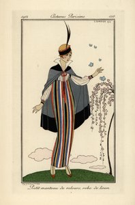 短いベルベットのコートを着た縞模様のリネンのドレスを着た女性。 作： Georges Barbier