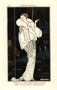 ベルベットのマント、ダマスク織のドレス、ピンクのスリッパを履いた女性。 作： Georges Barbier