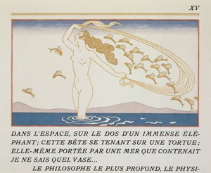 水の中を歩く女性、1923年に出版されたポール・ヴァレリー（1871-1945）による「Les Mythes」のイラスト（pochoir print） 作： Georges Barbier