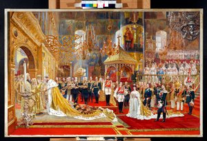 ロシアの皇帝アレクサンドル 3 世 (1845-1894) と皇后マリア フョードロヴナ (デンマークのダグマー) (1847-1928) の戴冠式 - ジョージ ベッカー (1845-1909) によるアートワーク 作： Georges Becker