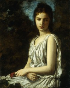 赤いバラを持った古典的なドレスを着た若い女性 作： Georges Bellanger