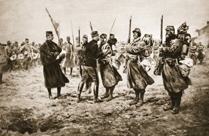 銃撃戦で勇敢な者を称える： &39;The Illustrated War News&39;から、軍のメダルで飾られた男性に称賛を与えるフランスの将軍 作： Georges Bertin Scott