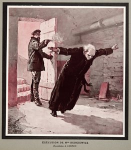 OGPUによるブツキェヴィッチ修道士の処刑（『ソビエト歴史』より）。1922年（カラーリトグラフ） 作： Georges Carrey